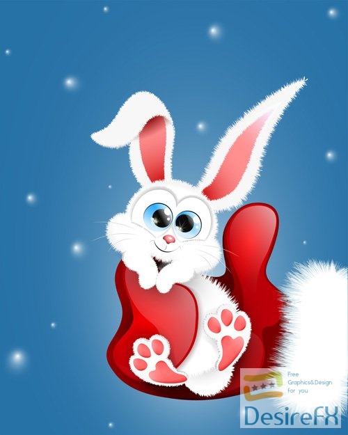 Red santa claus mitten holding white little cute rabbit