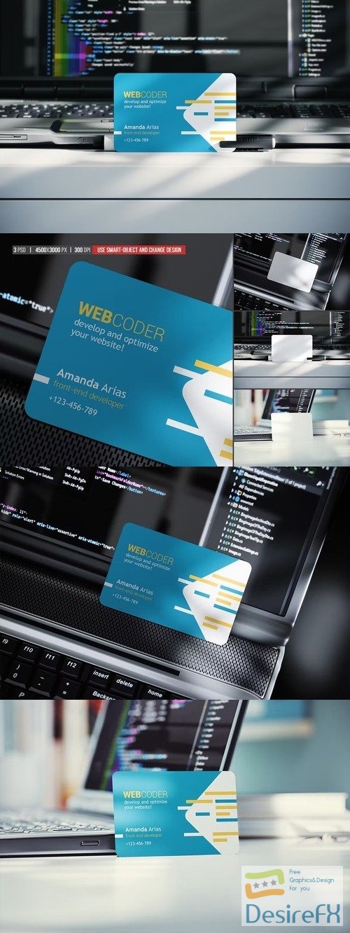 Rounded Corner Business Card Next To Laptop Mockup