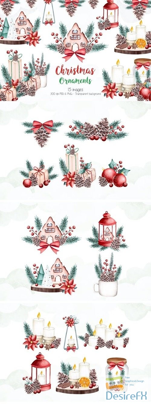 Watercolor Christmas Ornaments Clipart