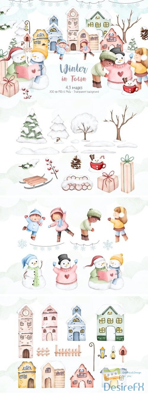 Winter in Town Watercolor Clipart