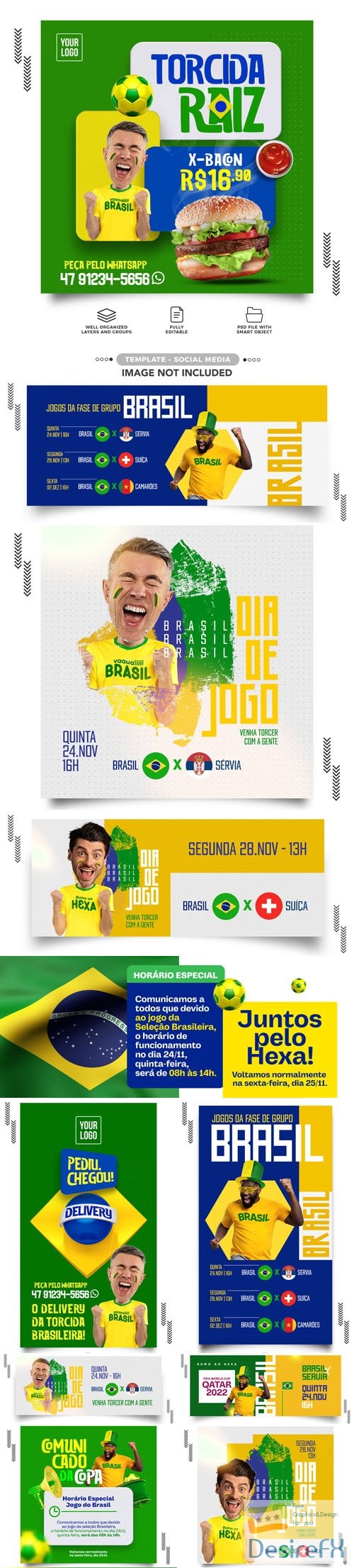 World Cup - Qatar 2022 - The Brazil Team - 20+ Social Media PSD Templates