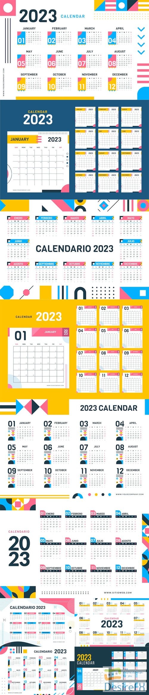 10 Flat 2023 Calendars Vector Templates