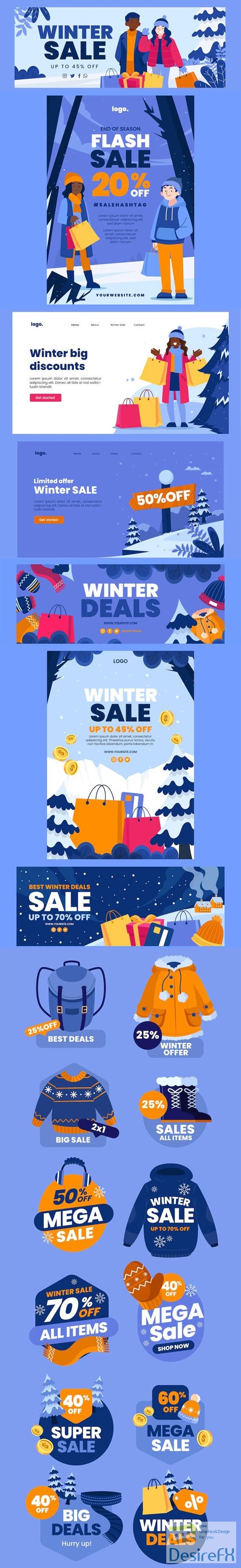 10 Hand Drawn Winter Sales Flat Marketing Vector Pack