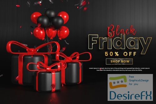Black friday psd sale banner with balloons and gift box or flack friday offer banner