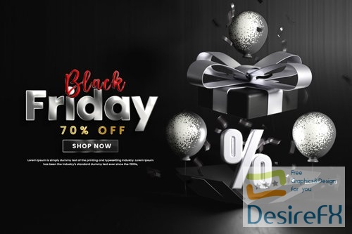 Black friday sale banner with balloons and gift box or flack friday offer banner