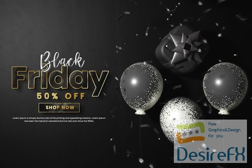 Black friday sale psd banner with balloons and gift box or flack friday offer banner