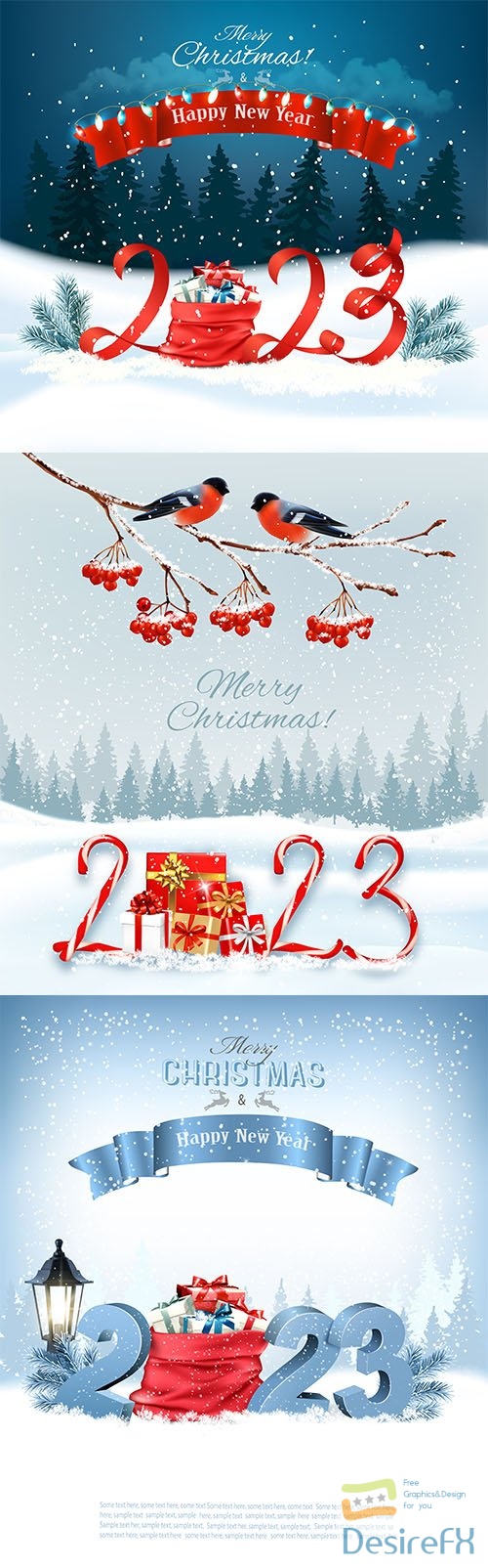 Christmas background with garland and numbers 2023 from red ribbons