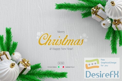 Christmas wooden background mockup with pine leaves wreath 3d gift boxes and bauble balls