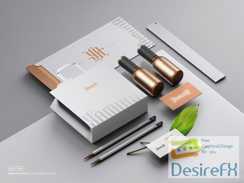 Cosmetic stationery set branding mockup with paper bag bottles envelope and business cards