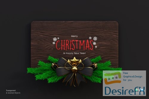 Dark wooden signage mockup with pine leaves and bow knot isolated