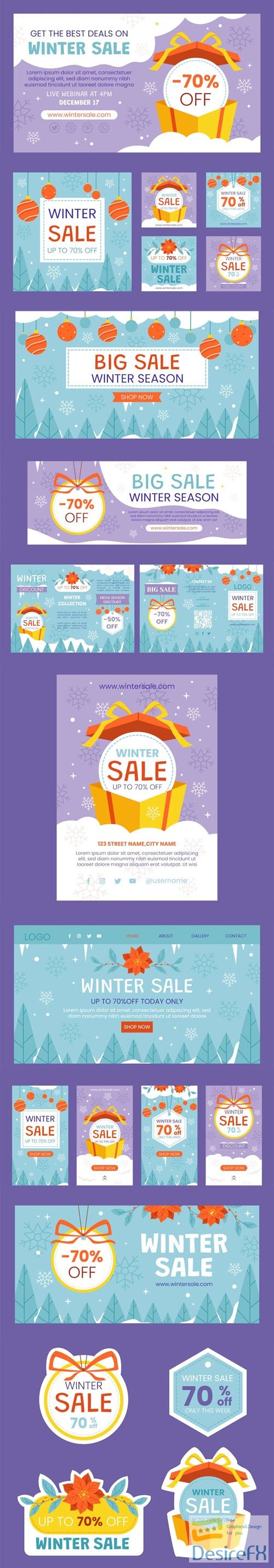 Hand Drawn Winter Sales Flat Marketing Pack Vector Templates