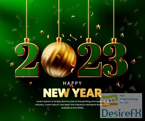 Happy new year 2023 celebration banner or happy new year 3d text with christmas ball