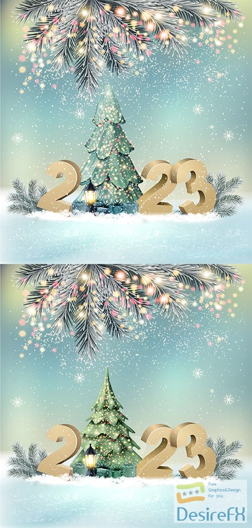 Holiday background with 2023 and christmas tree
