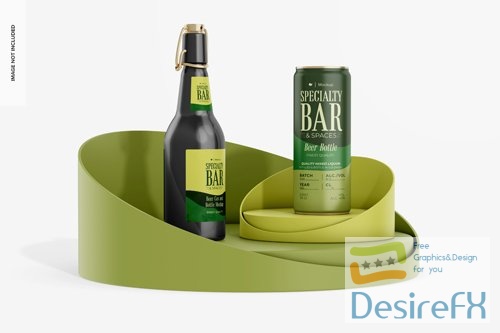 PSD beer can and bottle mockup on podium
