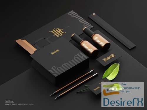 PSD cosmetic stationery set branding mockup with paper bag bottles envelope and business cards
