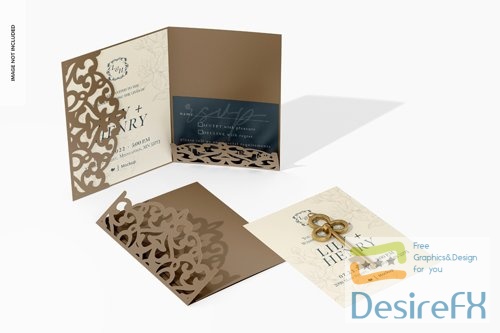 PSD double invitation card with die cut mockup opened and closed