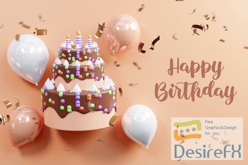 PSD happy birthday celebration banner with birthday cake and realistic balloon