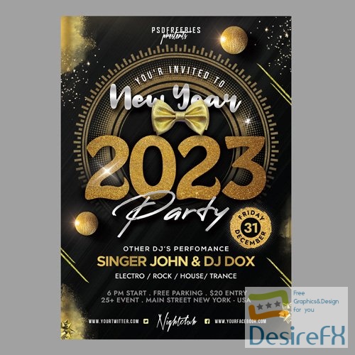 PSD happy new year flyer 2023 with gold ribbons