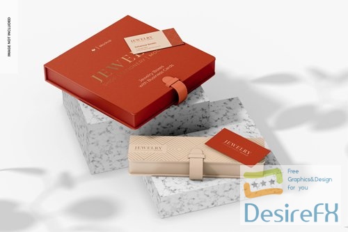 PSD jewelry boxes with business cards mockup on podium
