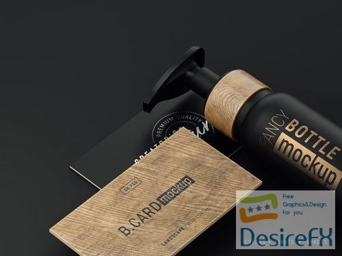 PSD luxury logo mockup on wooden business card and cosmetic bottle with foil effects