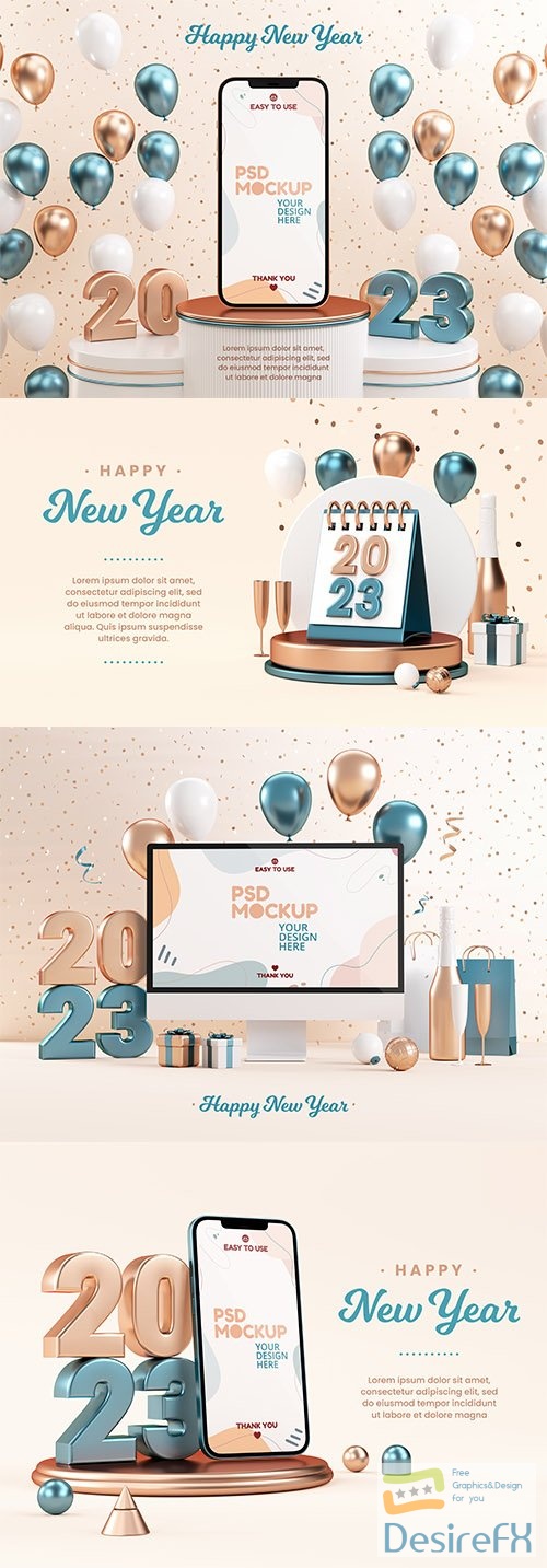 PSD new year 2023 card with numbers and christmas background in 3d render