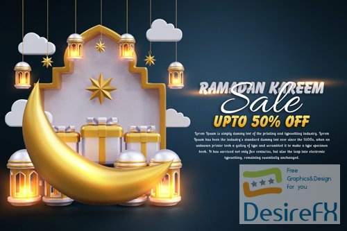 PSD ramadan sale banner template 3d illustration with moon star podium lantern