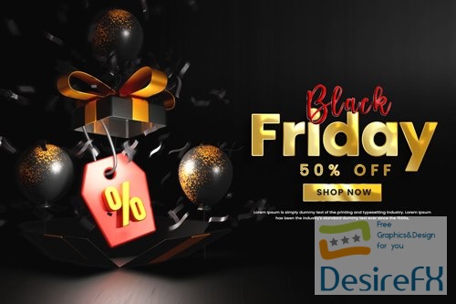 PSD realistic black friday sale banner with balloons and gift box or flack friday offer banner