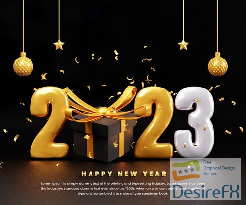 PSD realistic happy new year 2023 celebration banner or happy new year 3d text and giftbox