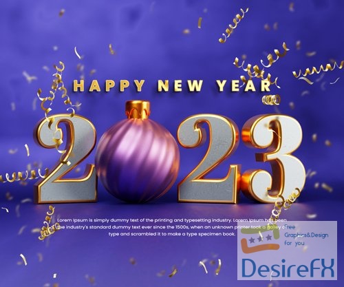 PSD realistic happy new year 2023 celebration banner or happy new year 3d text with christmas ball