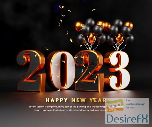 PSD realistic happy new year 2023 celebration banner or happy new years background template with balloon
