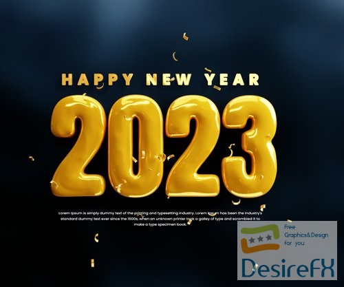 PSD realistic happy new year 2023 celebration banner or happy new years gold text 3d isolated