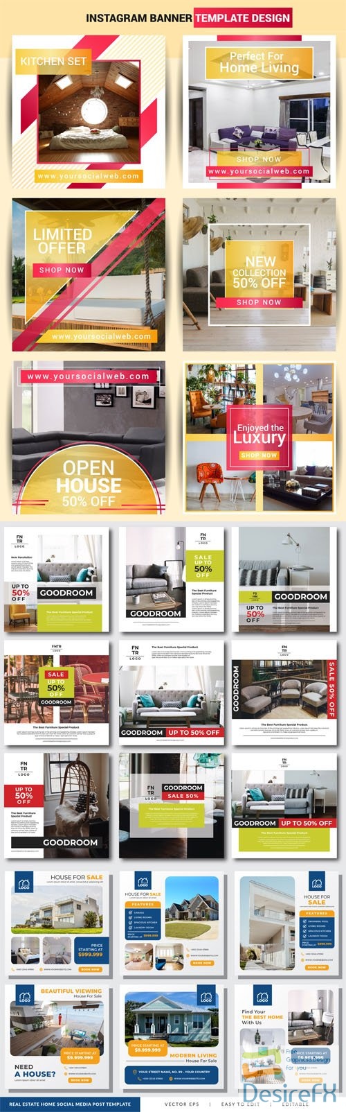 Real Estate & Home Furniture Social Media Posts Vector Templates Collection