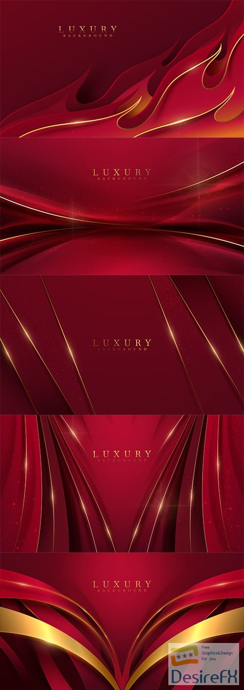 Red luxury background with ribbons element and golden curve line