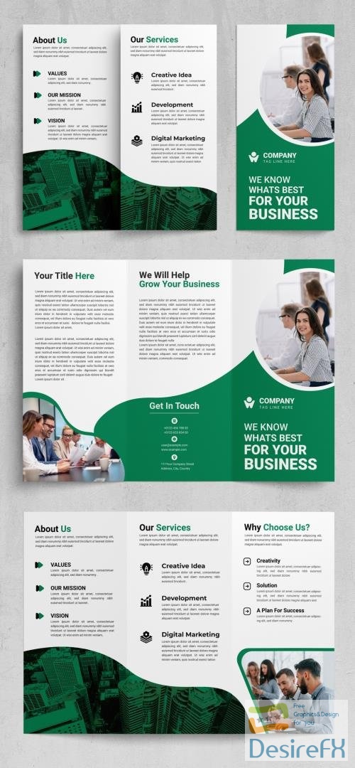 Trifold Brochure Layout with Green Triangle Designs 523830626 AIT