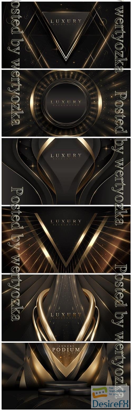 Vector black luxury background with golden line elements and bokeh