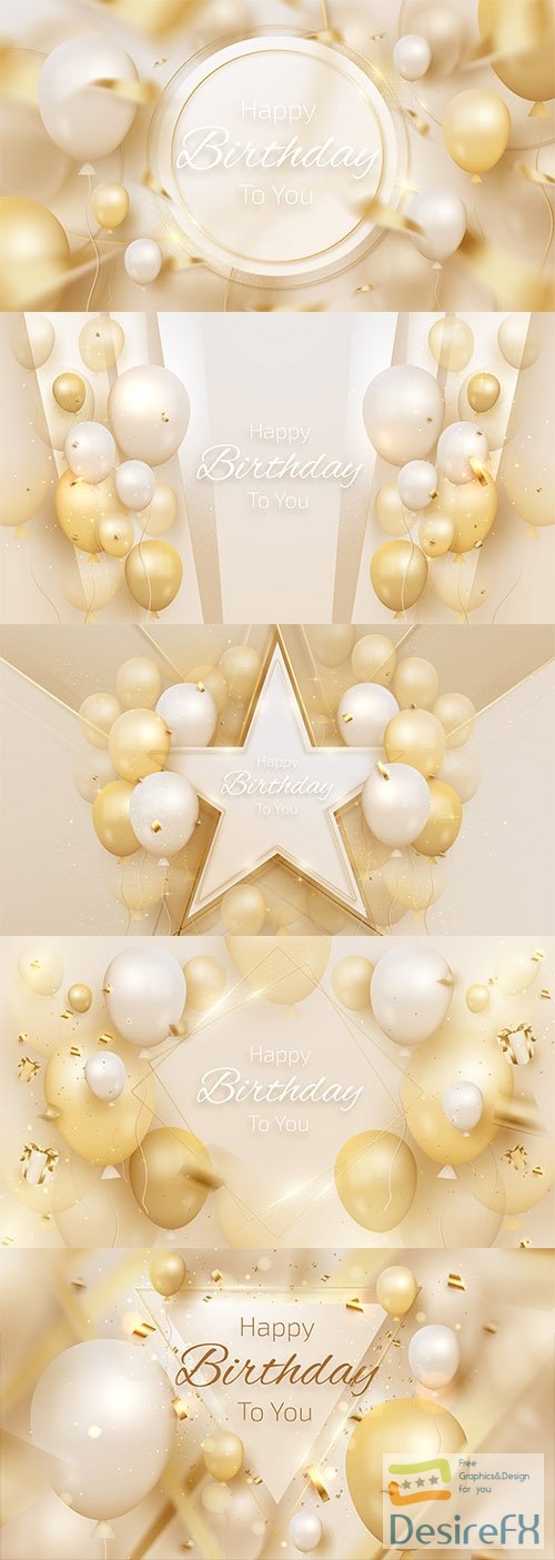 Vector happy birthday card with luxury balloons and ribbon 3d style realistic on cream shade background