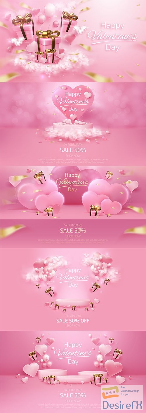 Vector valentines day background with elements balloons, gift box, heart shaped cloud