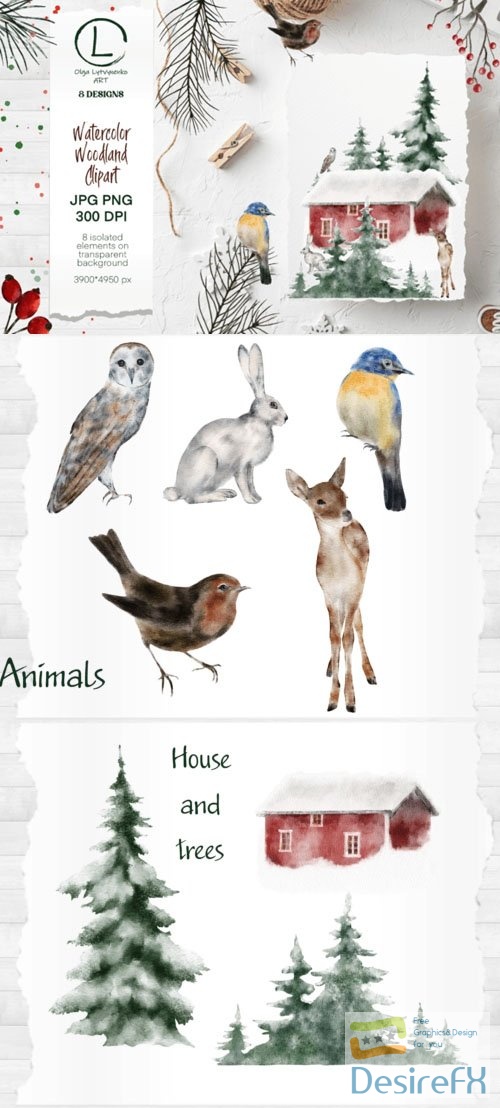 Watercolor Winter Woodland - Plants & Animals Clipart