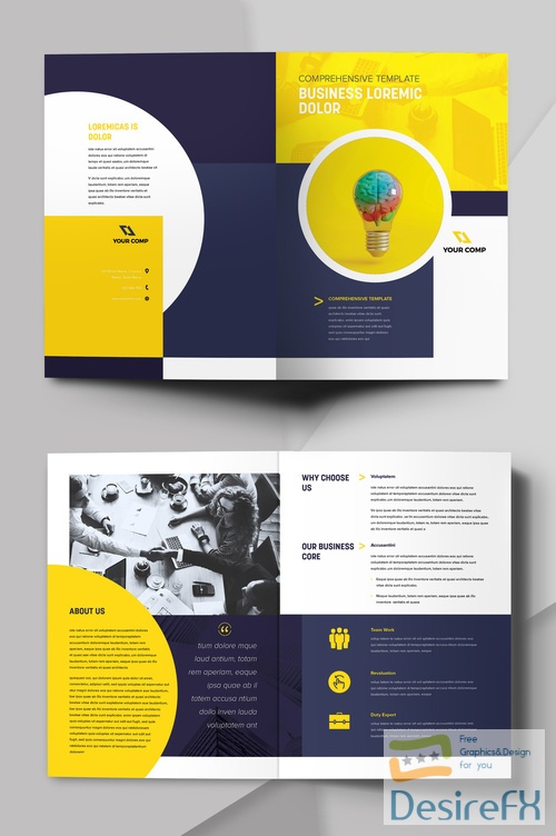 Adobestock - Bifold Brochure with Yellow and Dark Blue Color and in Circle and Geometric Shape 522597369