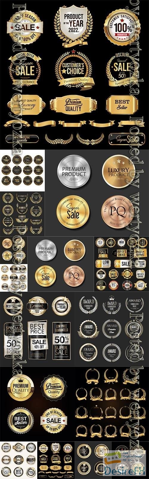 Golden badges, labels and laurels sale in vector
