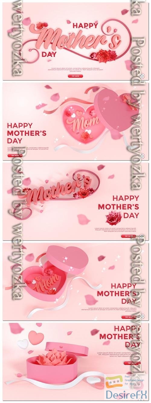 PSD 3d text mother day greeting background with flower petal and box in pink color