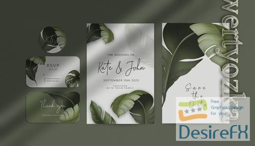 PSD beautiful wedding invitation template with tropical plants