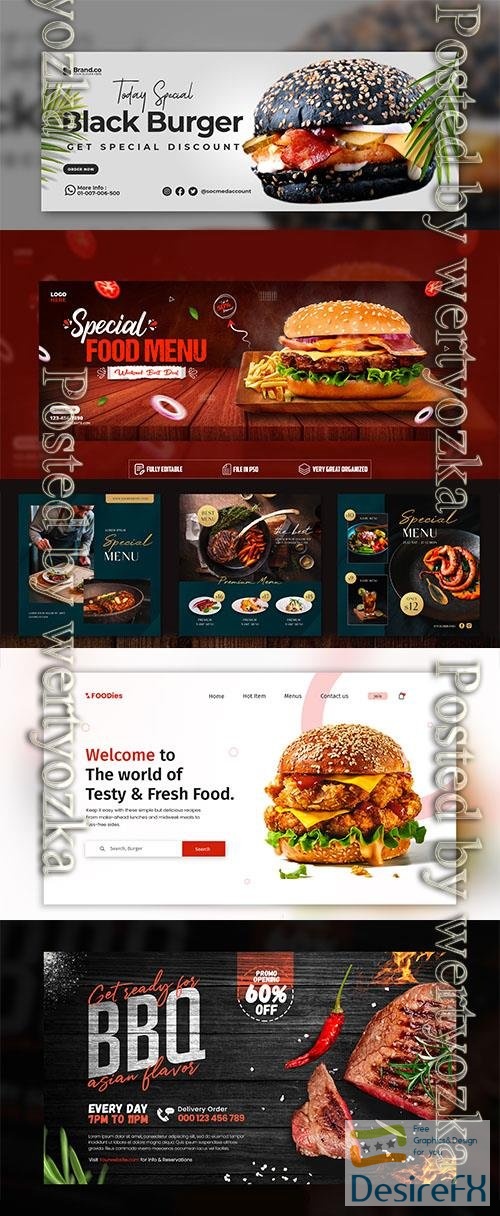 PSD delicious burger and food menu web banner template