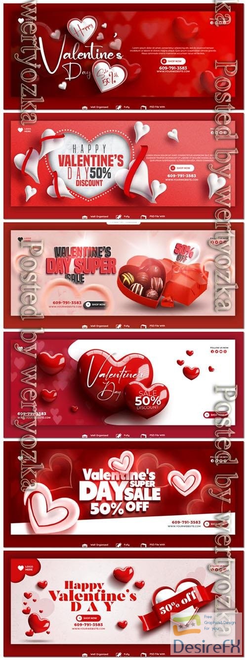PSD happy valentine's day discount sale facebook cover and social media post template