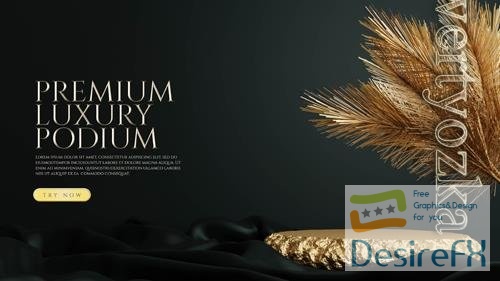 PSD luxury premium gold stone podium with leaves and fabric for elegant product presentation