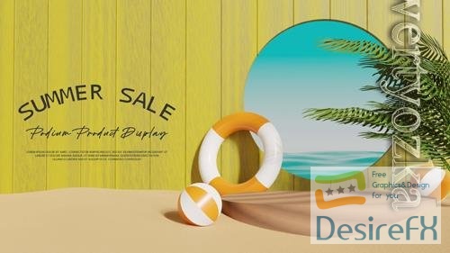 PSD wood podium with plam sand sea and sky in summer scene for product presentation background
