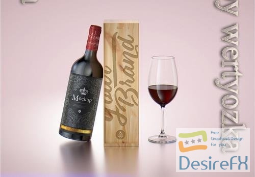 PSD wooden box and red wine bottle mockup