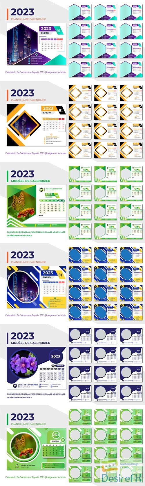 Spanish & French Desk Calendars for 2023 - Vector Templates Collection