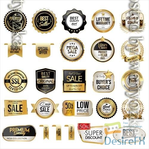 Vector collection of gold and black price badges labels and ribbons