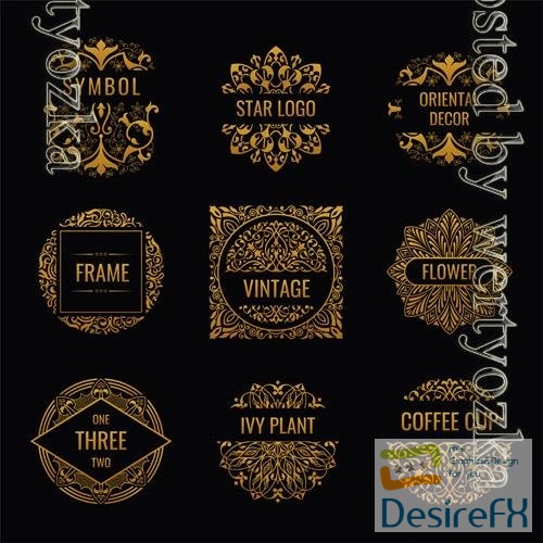 Vector golden eastern logos and vintage floral labels calligraphic luxury design